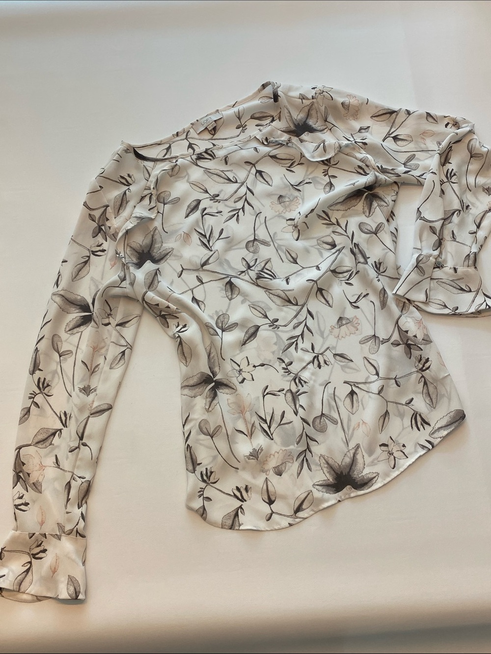 LOFT Floral Long-Sleeve Blouse in White and Gray with Blush Accents